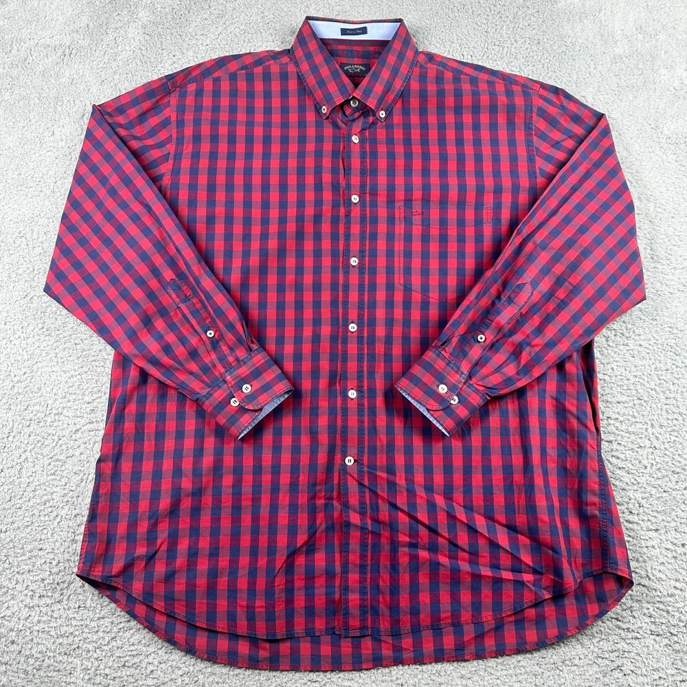 Paul & Shark Yachting Button Down Shirt Mens 44 XL‎ Red Navy Gingham Check Italy